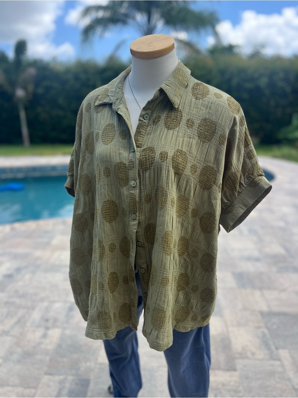 Umgee Olive Green Textured Polka Dot Oversized Button Up Top S
